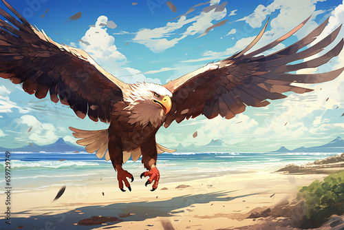 anime style background, an eagle on the beach photo