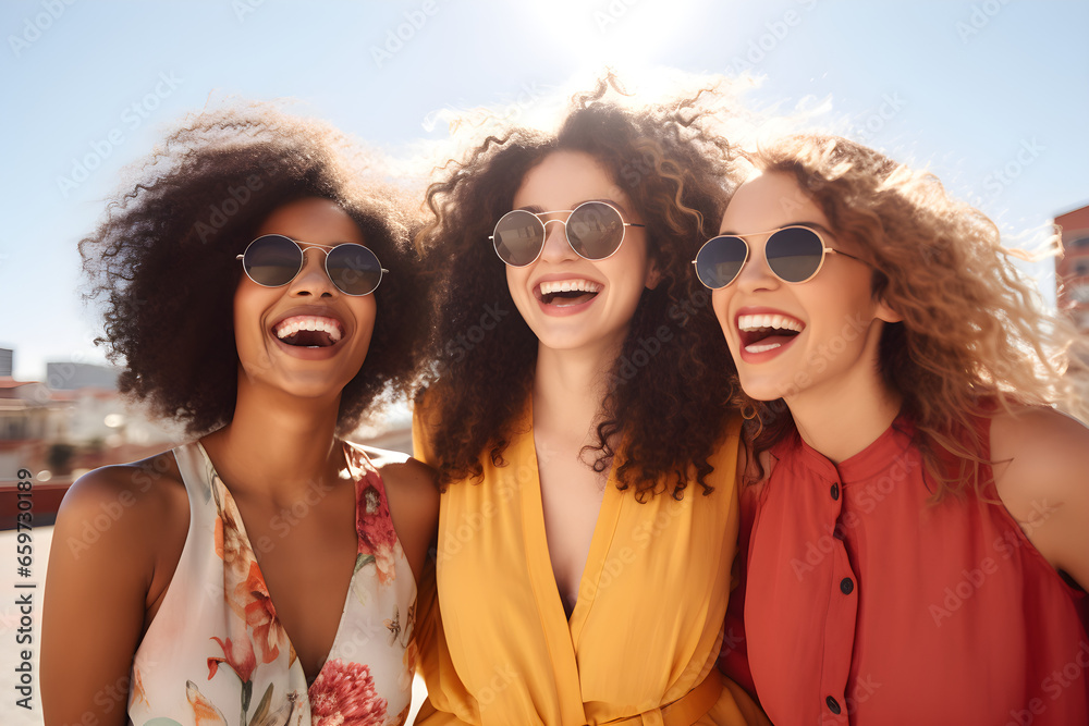 Three multiracial young women having fun walking on city street - Happy girlfriends hanging outside on a sunny day - Different females laughing together outside - Life style and friendship concept Three multiracial young women having fun walking on city street - Happy girlfriends hanging outside on a sunny day - Different females laughing together outside - Life style and friendship concept
