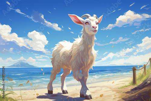 anime style scenic background, a goat on the beach photo
