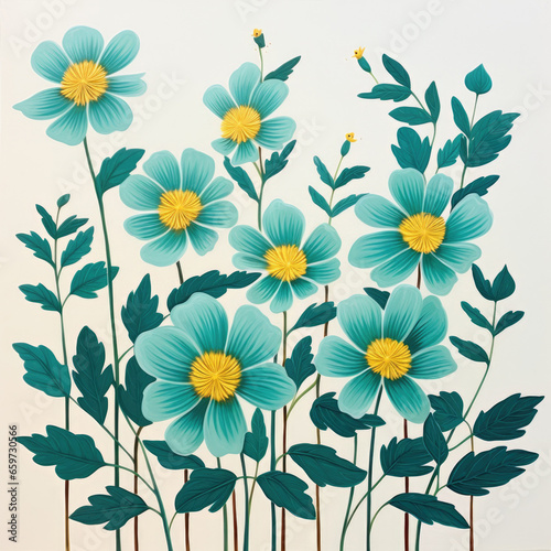 Blue-green flowers in a beautiful isolated simple watercolor gouache illustration on watercolour paper texture