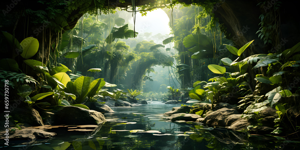 Lush tropical forest with large canopy trees, and small trees growing on the banks of streams