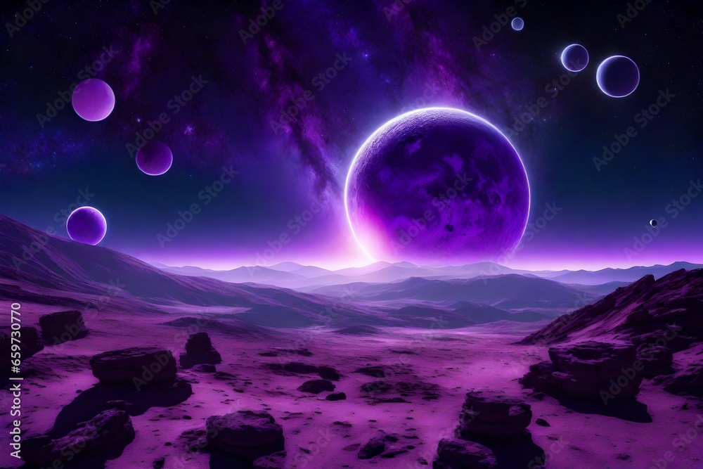 A surreal landscape of a purple planet with three moons and a glowing ring of energy - AI Generative