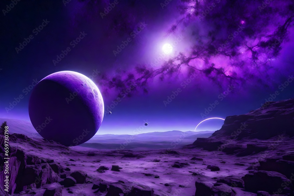 A surreal landscape of a purple planet with three moons and a glowing ring of energy - AI Generative A surreal landscape of a purple planet with three moons and a glowing ring of energy - AI Generative