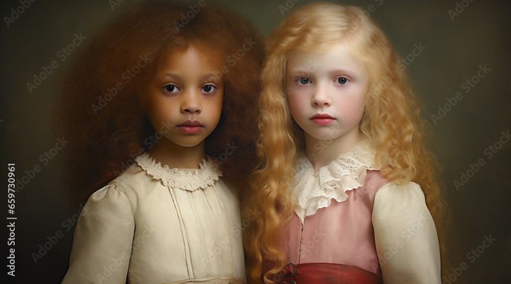 Studio portrait of two young female children. One is an African American, the other is white with blond hair and a pale complexion. Close friends or models in dresses. Studio portrait of two young female children. One is an African American, the other is white with blond hair and a pale complexion. Close friends or models in dresses.