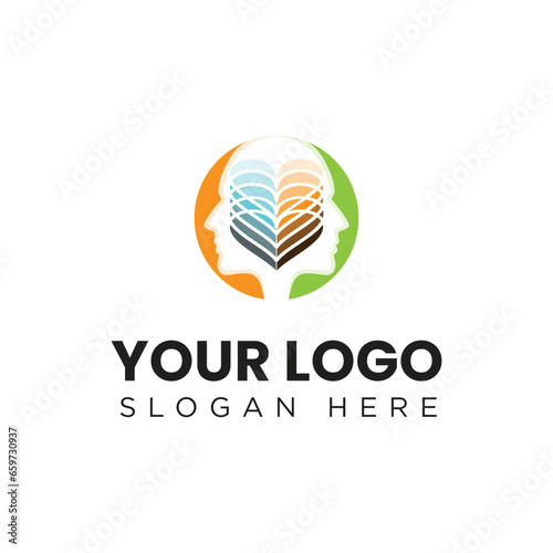 this is a colorful flat logo of two human head or face facing back each other with stacks of heart in the middle for mental or psychology related logo