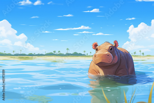anime style scenic background, a hippo on the beach