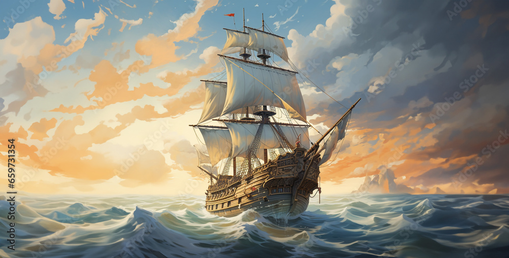 Fototapeta premium ship in the sea, pirate ship in the sea, pirate ship in the ocean, pirate ship sailing, ship at night. Generative Ai content