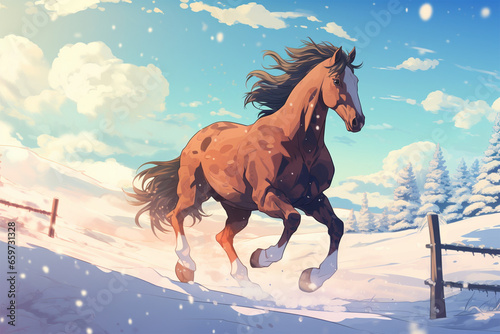 anime style scenic background  a horse in the snow