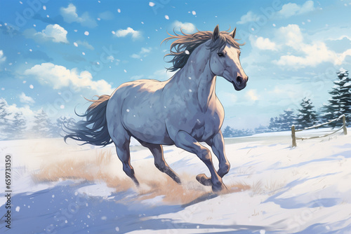anime style scenic background  a horse in the snow