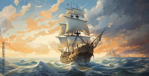 ship in the sea, pirate ship in the sea, pirate ship in the ocean, pirate ship sailing, ship at night. Generative Ai content