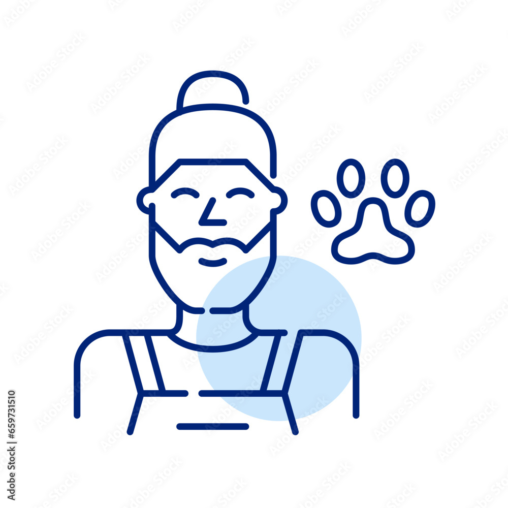 Pet groomer. Smiling kind man with hipster beard and man bun in apron with paw symbol. Pixel perfect, editable stroke icon Pet groomer. Smiling kind man with hipster beard and man bun in apron with paw symbol. Pixel perfect, editable stroke icon