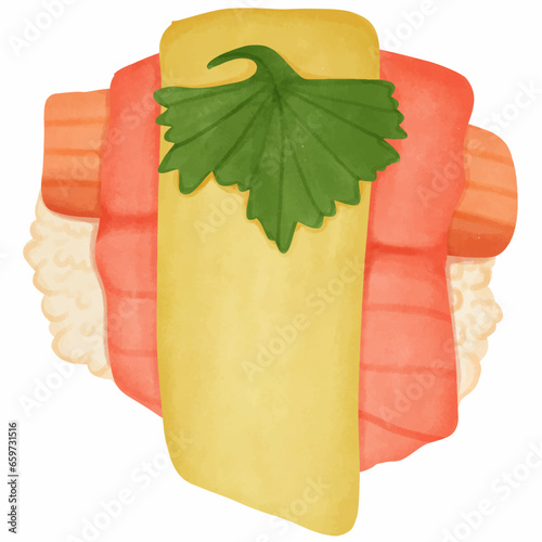 Illustration of sushi rice roll with salmon sashimi and cheese