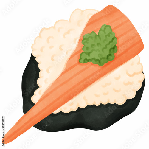 Illustration of sushi seaweed rice rolls with crab sticks and coriander, watercolor painting
