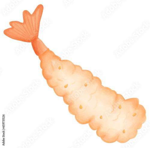 Illustration of a piece of Tempura fried shrimp on a white background.