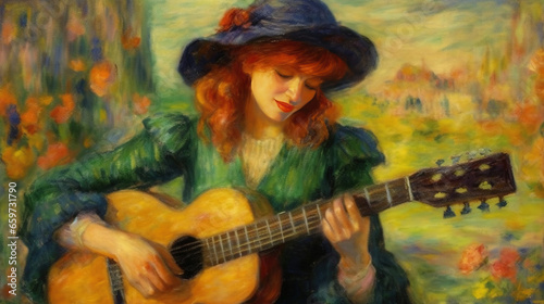 Fine Art Painting in Oil Mixed Style Brush Stroke of Beautiful Young Girl Playing a Guitar Vibrant Abstract Art