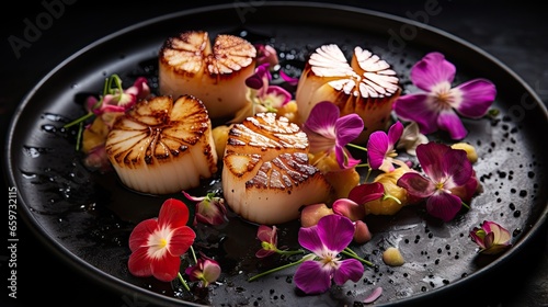 Grilled scallops with sauce and flower petals in a metal plate. Black background. There is space for text.