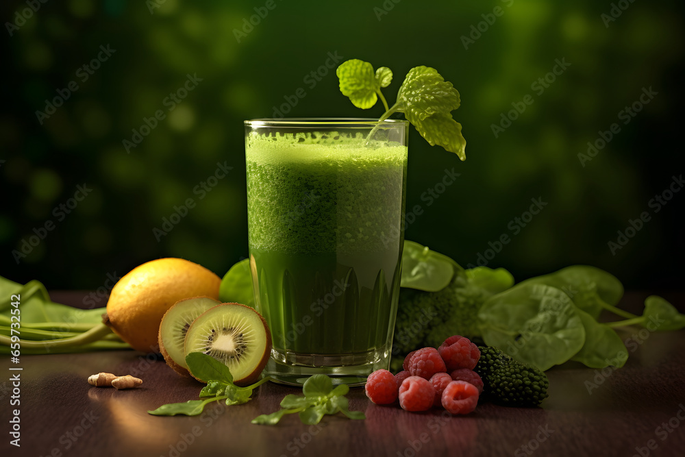 Green healthy fruit, berries and vegetable juice Green healthy fruit, berries and vegetable juice