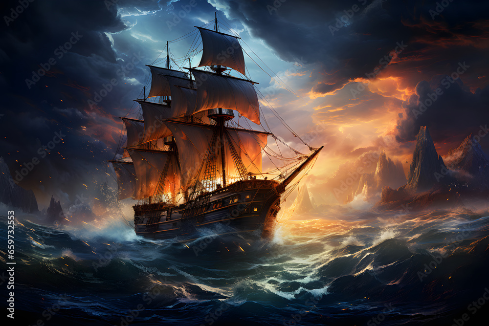 A pirate ship in the ocean, a storm and a beautiful fantasy sky in the background - obrazy, fototapety, plakaty 