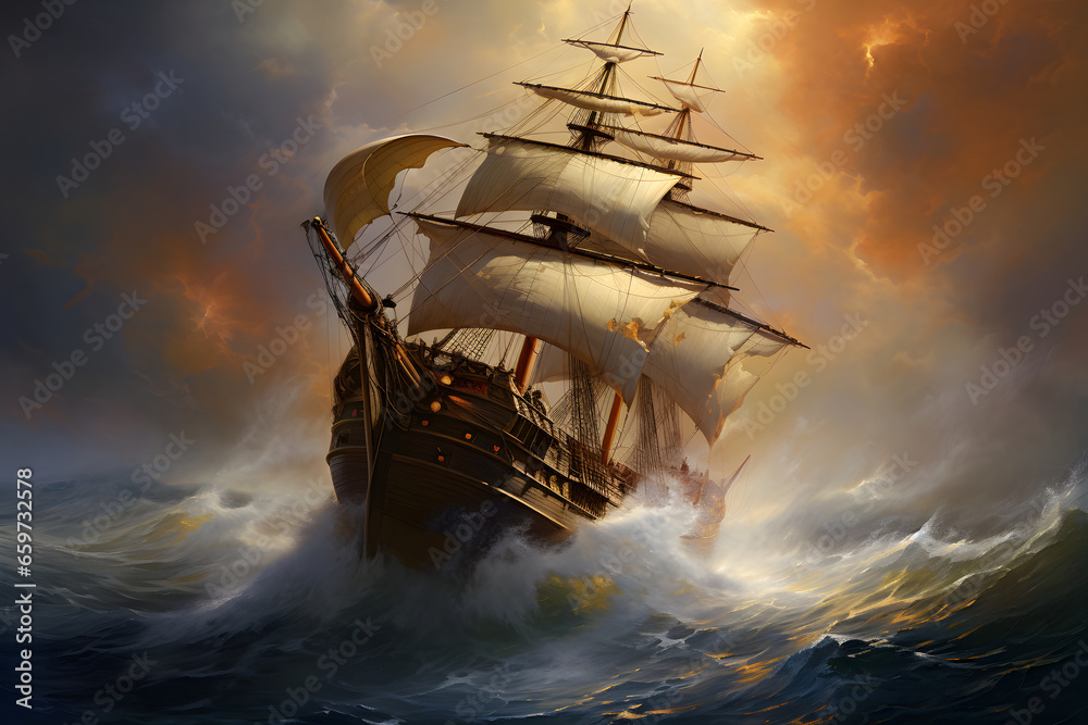 Fototapeta premium Storm in the ocean and a large pirate ship. Generative AI painting