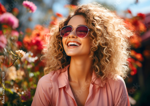 Young attractive curly woman wears sunglasses and smiles in nature - concept of enjoying freedom and summer