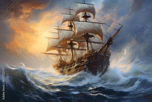Pirate ship on the ocean on a stormy day, Generative AI painting