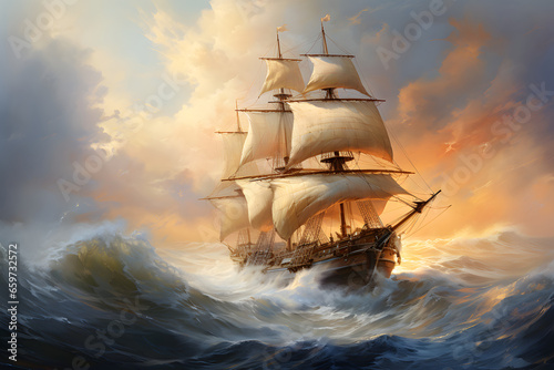 Pirate ship in the ocean during a storm, Generative AI painting