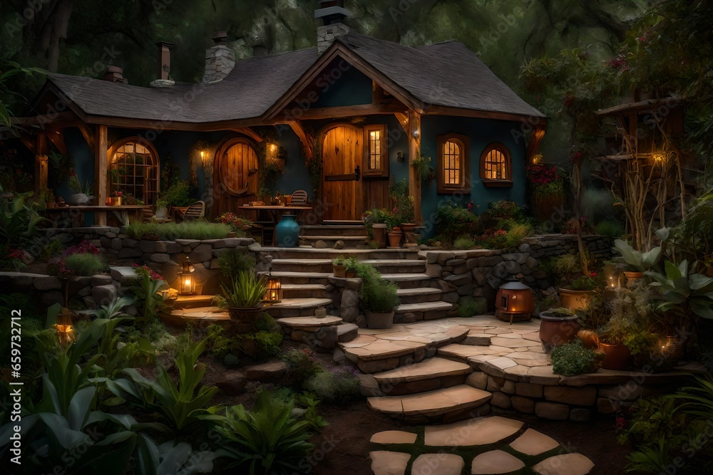 backyard casita, tiny house, hobbit faerie tale architecture, cottage - AI Generative