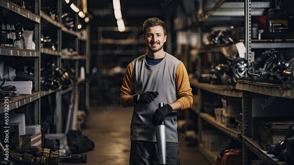 Handsome young man holds prosthetic leg to check quality At the back is a tool storage area. Handsome young man holds prosthetic leg to check quality At the back is a tool storage area.