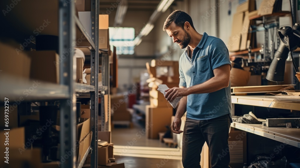 Handsome young man holds prosthetic leg to check quality At the back is a tool storage area. Handsome young man holds prosthetic leg to check quality At the back is a tool storage area.
