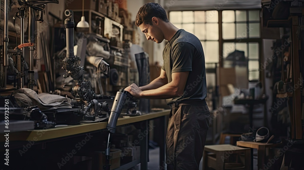 Handsome young man holds prosthetic leg to check quality At the back is a tool storage area.