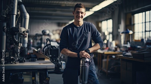 Handsome young man holds prosthetic leg to check quality At the back is a tool storage area. photo