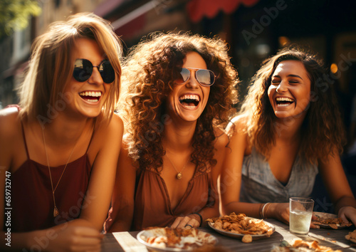 Three happy young women having lunch together in a street cafe and laughing