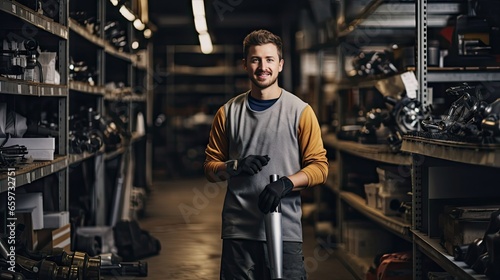 Handsome young man holds prosthetic leg to check quality At the back is a tool storage area.