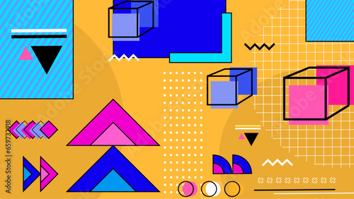 Vector abstract memphis geometric styled yellow blue and pink background