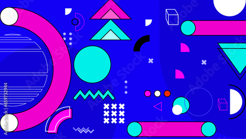 Vector abstract flat blue purple and green geometric memphis hipster shapes background