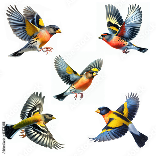 A set of male and female flying Evening Grosbeaks isolated on a white background 