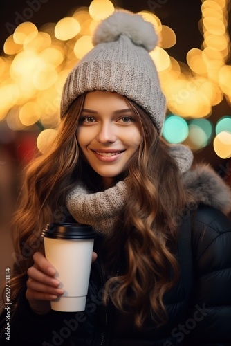 Christmas mood. Vertical photo of a young cheerful beautiful Caucasian woman drinks coffee while walking in the city center on the eve of Christmas. Festive Christmas lights in the background. © Stavros