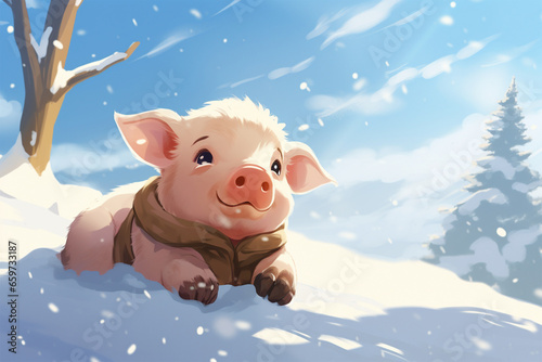 anime style scenic background, a pig in the snow