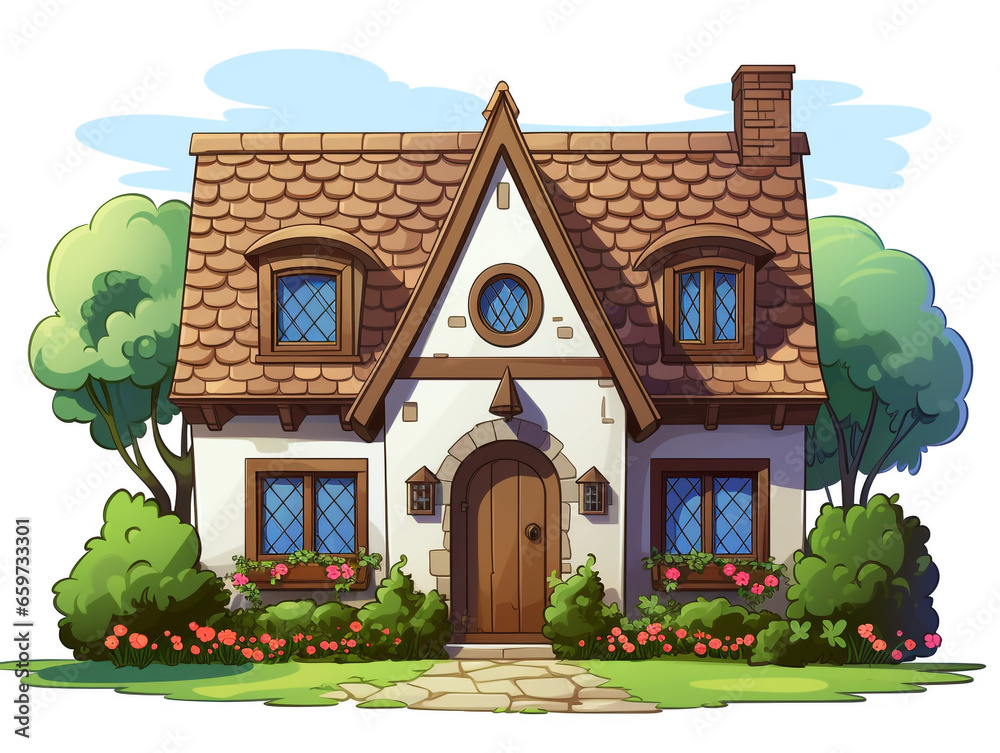 Illustration of a traditional English house built in the countryside. Landscape elements are applied in the design of the house.