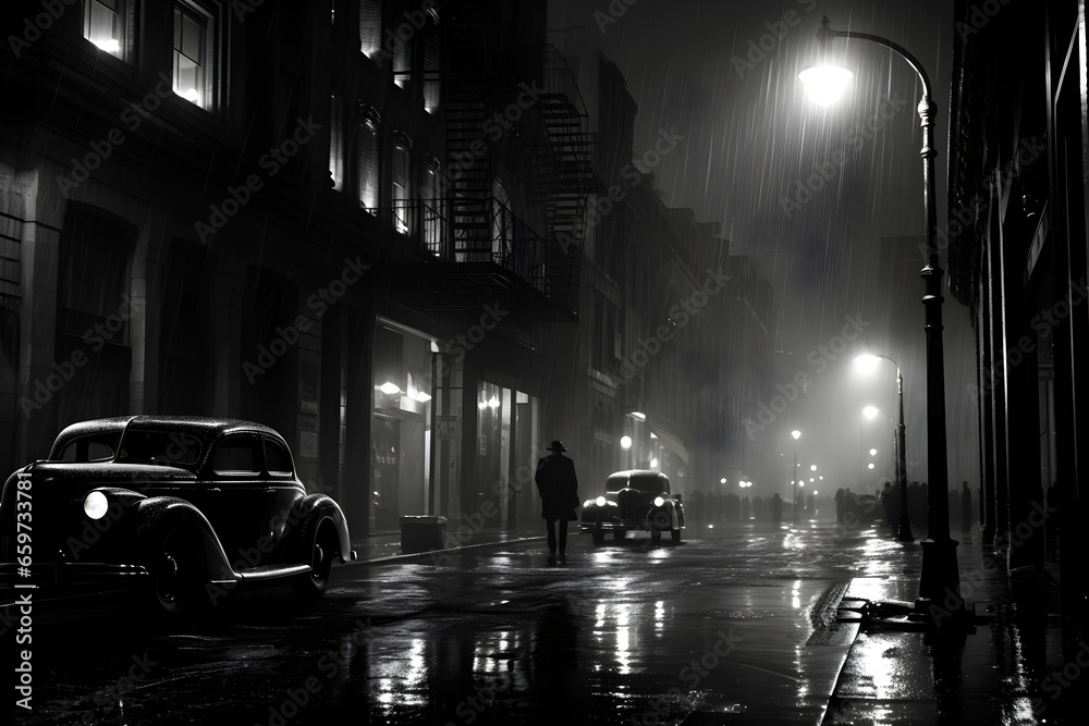 Noir movie, night city street under the rain - obrazy, fototapety, plakaty 