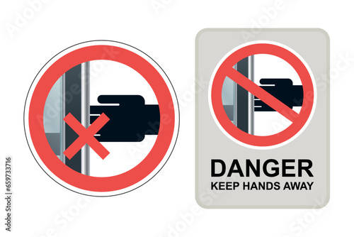 Danger keep hands away from door sign isolated on white background, Warning vector icons for shopping mall, hotel door, metro, underground, subway, MTR and MRT. Vector.