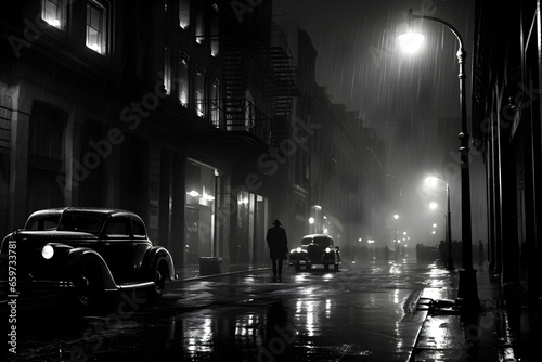 Noir movie, night city street under the rain photo