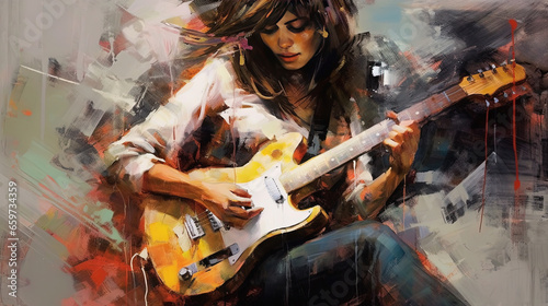 Antique Colorful Liquid Art Watercolor Illustration of Lady Guitarist Playing Guitar on Canvas