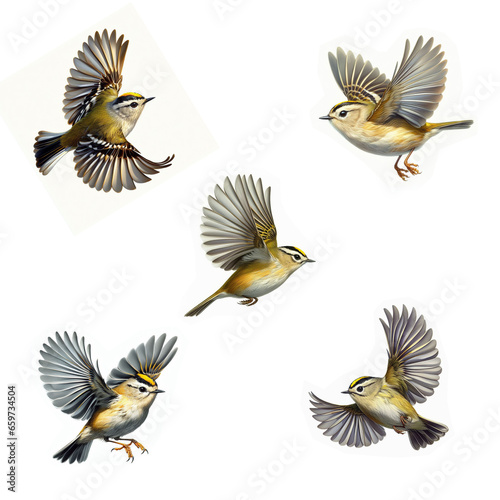 A set of male and female Golden-crowned Kinglets flying isolated on a white background