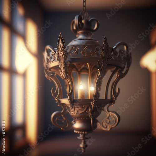 The vintage old lamp, suspended from the ceiling, is the subject of this image, which showcases its intricate features in the gentle embrace of natural light