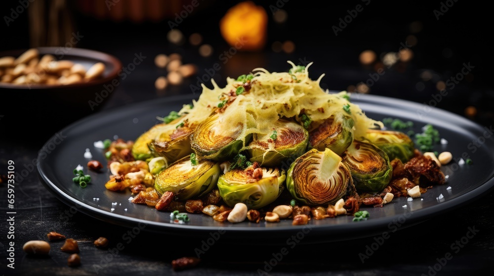 Caramelized cabbage on pumpkin puree with roasted Brussels sprouts and hazelnuts in a platter Caramelized cabbage on pumpkin puree with roasted Brussels sprouts and hazelnuts in a platter
