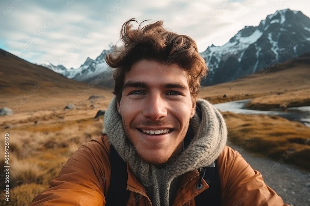 Happy traveler taking selfie in mountains