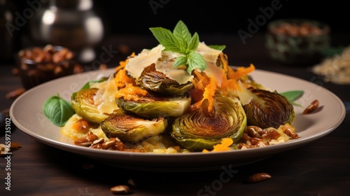 Caramelized cabbage on pumpkin puree with roasted Brussels sprouts and hazelnuts in a platter