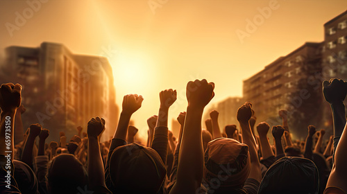 a group of people holding fists in a crowd at a protest, people holding their fists at a protest rally, Multi ethnic people raising their fists up in the air