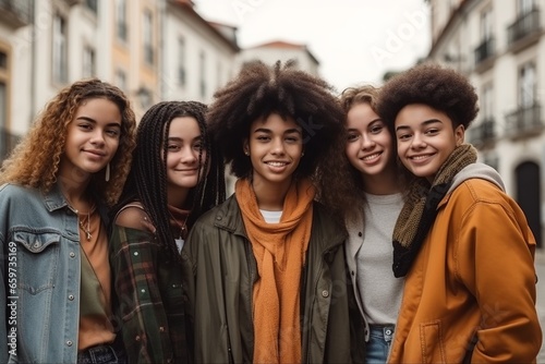 Cheerful diverse friends standing on street